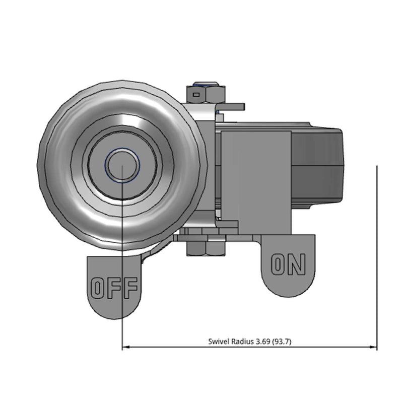 Side dimensioned CAD view of a Colson Casters 4" x 1.25" wide wheel Swivel caster with 1/2"-13 x 1-1/2" stud, with a side locking brake, Performa wheel and 300 lb. capacity part