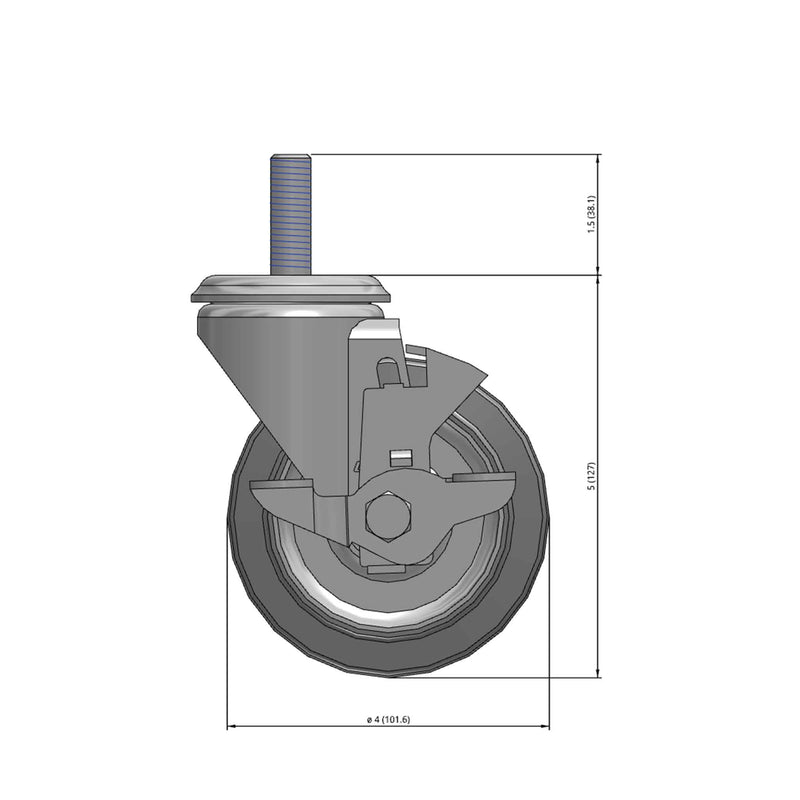 Front dimensioned CAD view of a Colson Casters 4" x 1.25" wide wheel Swivel caster with 1/2"-13 x 1-1/2" stud, with a side locking brake, Performa wheel and 300 lb. capacity part