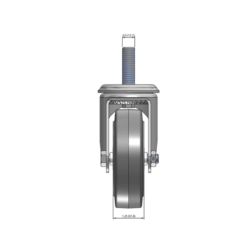 Top dimensioned CAD view of a Colson Casters 4" x 1.25" wide wheel Swivel caster with 1/2"-13 x 1-1/2" stud, without a brake, Performa wheel and 300 lb. capacity part