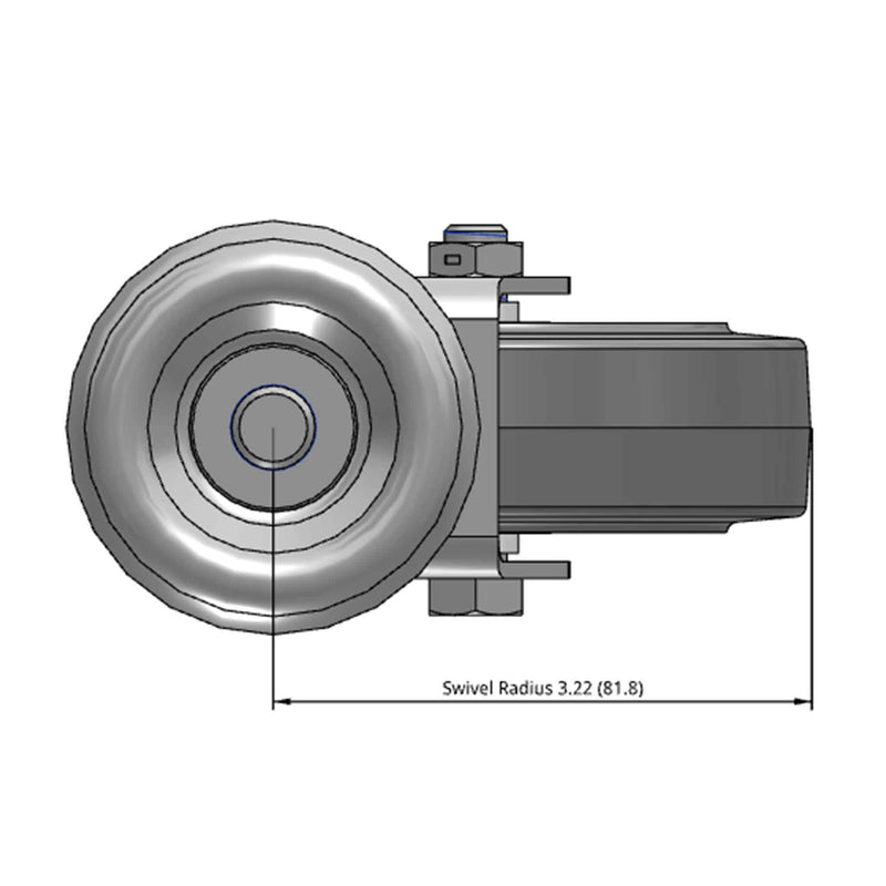 Side dimensioned CAD view of a Colson Casters 4" x 1.25" wide wheel Swivel caster with 1/2"-13 x 1-1/2" stud, without a brake, Performa wheel and 300 lb. capacity part