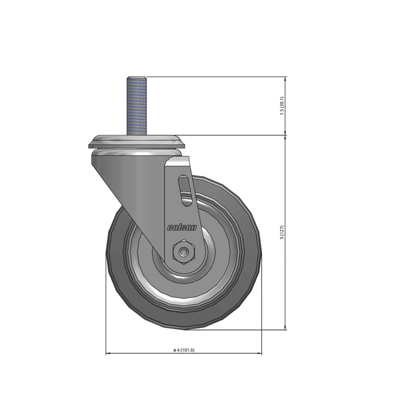 Front dimensioned CAD view of a Colson Casters 4" x 1.25" wide wheel Swivel caster with 1/2"-13 x 1-1/2" stud, without a brake, Performa wheel and 300 lb. capacity part
