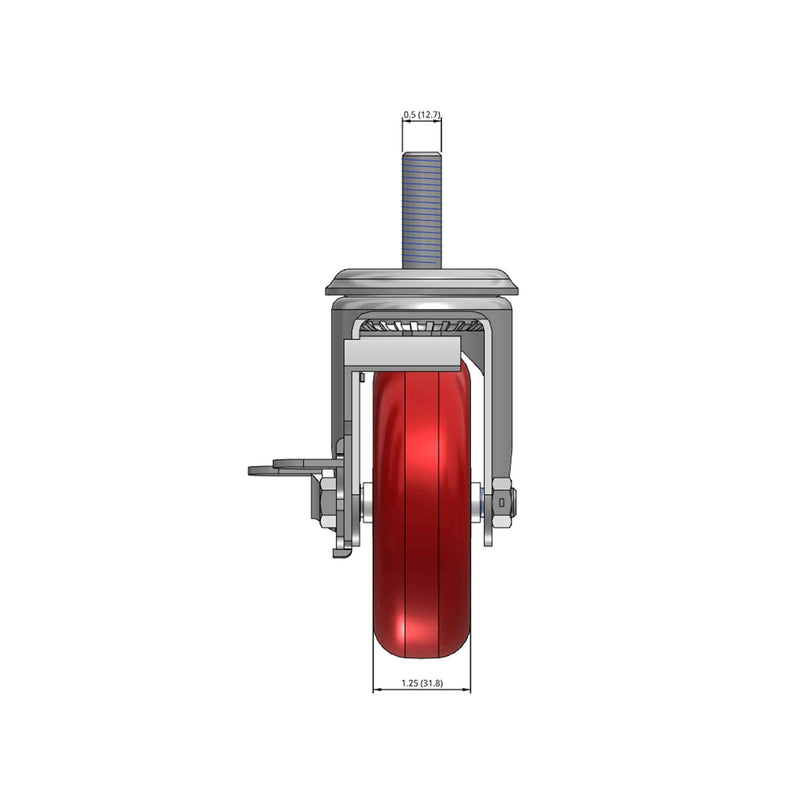 Top dimensioned CAD view of a Colson Casters 4" x 1.25" wide wheel Swivel caster with 1/2"-13 x 1-1/2" stud, with a side locking brake, HI-TECH Polyurethane wheel and 275 lb. capacity part