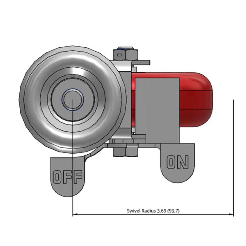 Side dimensioned CAD view of a Colson Casters 4" x 1.25" wide wheel Swivel caster with 1/2"-13 x 1-1/2" stud, with a side locking brake, HI-TECH Polyurethane wheel and 275 lb. capacity part