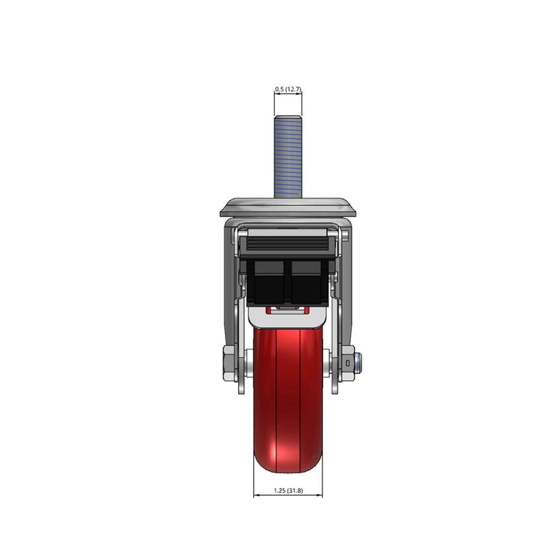 Top dimensioned CAD view of a Colson Casters 4" x 1.25" wide wheel Swivel caster with 1/2"-13 x 1-1/2" stud, with a top total locking brake, HI-TECH Polyurethane wheel and 275 lb. capacity part