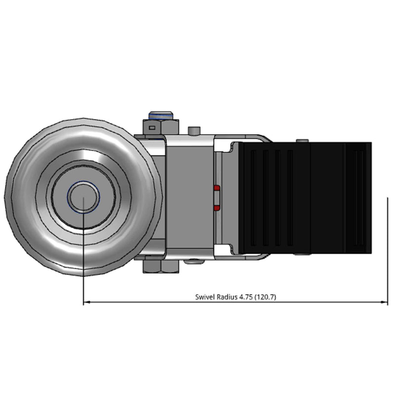Side dimensioned CAD view of a Colson Casters 4" x 1.25" wide wheel Swivel caster with 1/2"-13 x 1-1/2" stud, with a top total locking brake, HI-TECH Polyurethane wheel and 275 lb. capacity part