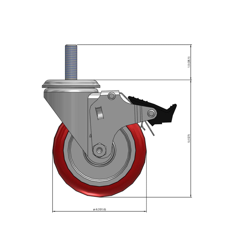 Front dimensioned CAD view of a Colson Casters 4" x 1.25" wide wheel Swivel caster with 1/2"-13 x 1-1/2" stud, with a top total locking brake, HI-TECH Polyurethane wheel and 275 lb. capacity part