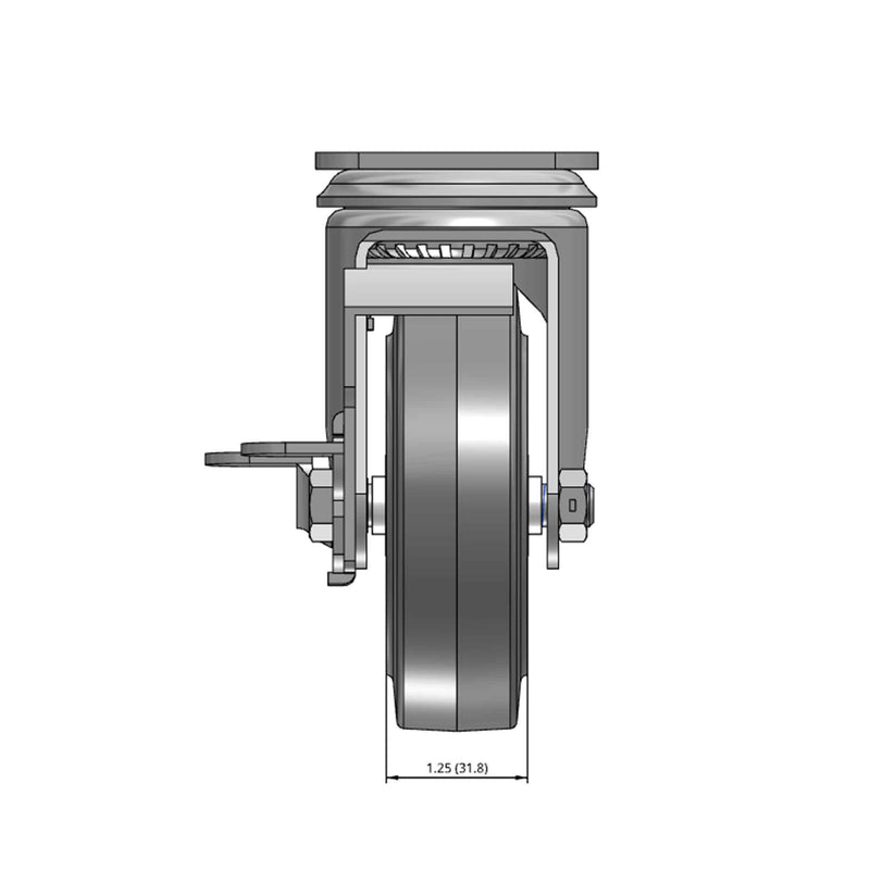 Top dimensioned CAD view of a Colson Casters 4" x 1.25" wide wheel Swivel caster with 2-1/2" x 3-5/8" top plate, with a side locking brake, Performa wheel and 300 lb. capacity part