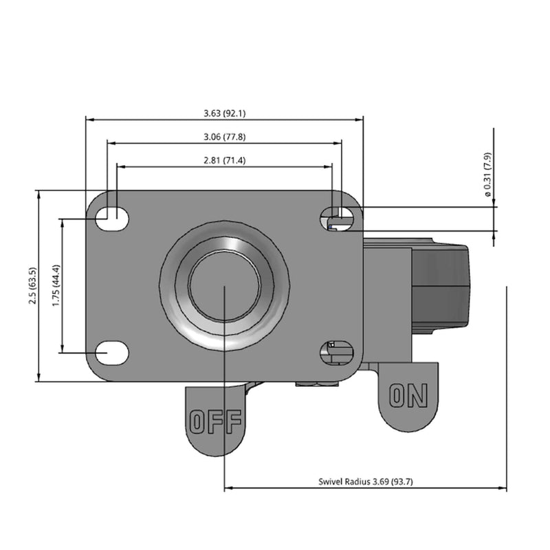 Side dimensioned CAD view of a Colson Casters 4" x 1.25" wide wheel Swivel caster with 2-1/2" x 3-5/8" top plate, with a side locking brake, Performa wheel and 300 lb. capacity part