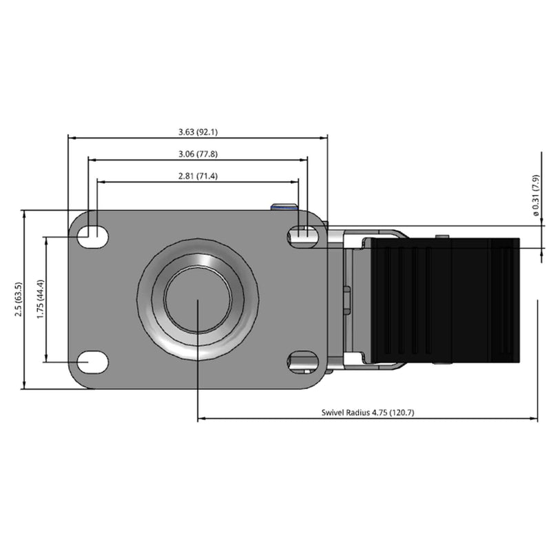 Side dimensioned CAD view of a Colson Casters 4" x 1.25" wide wheel Swivel caster with 2-1/2" x 3-5/8" top plate, with a top total locking brake, Performa wheel and 300 lb. capacity part