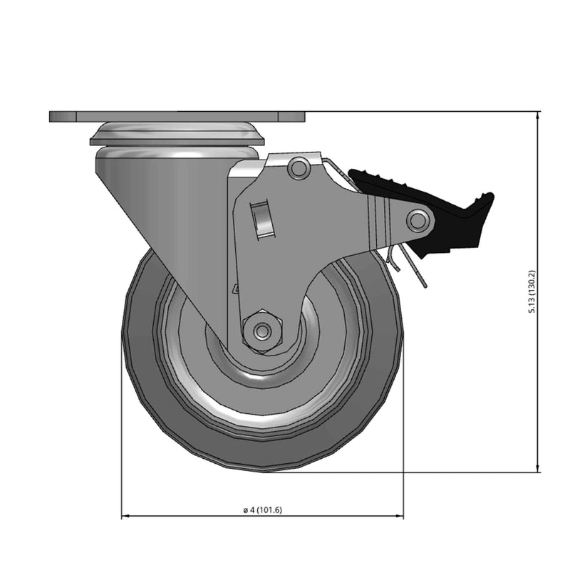 Front dimensioned CAD view of a Colson Casters 4" x 1.25" wide wheel Swivel caster with 2-1/2" x 3-5/8" top plate, with a top total locking brake, Performa wheel and 300 lb. capacity part