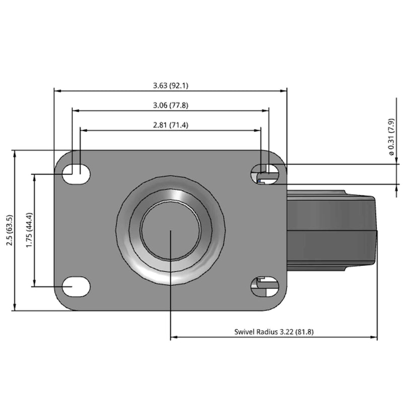 Side dimensioned CAD view of a Colson Casters 4" x 1.25" wide wheel Swivel caster with 2-1/2" x 3-5/8" top plate, without a brake, Performa wheel and 300 lb. capacity part