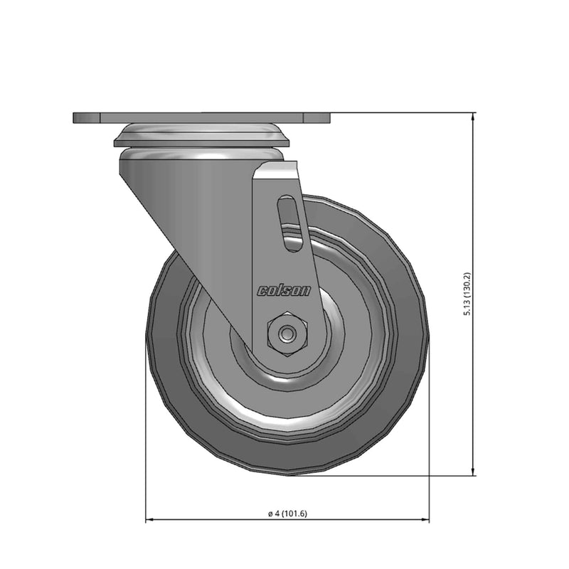 Front dimensioned CAD view of a Colson Casters 4" x 1.25" wide wheel Swivel caster with 2-1/2" x 3-5/8" top plate, without a brake, Performa wheel and 300 lb. capacity part