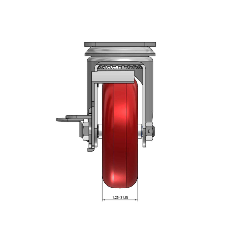 Top dimensioned CAD view of a Colson Casters 4" x 1.25" wide wheel Swivel caster with 2-1/2" x 3-5/8" top plate, with a side locking brake, HI-TECH Polyurethane wheel and 275 lb. capacity part