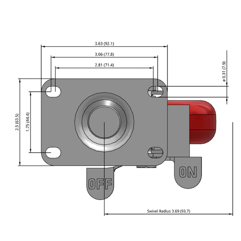 Side dimensioned CAD view of a Colson Casters 4" x 1.25" wide wheel Swivel caster with 2-1/2" x 3-5/8" top plate, with a side locking brake, HI-TECH Polyurethane wheel and 275 lb. capacity part