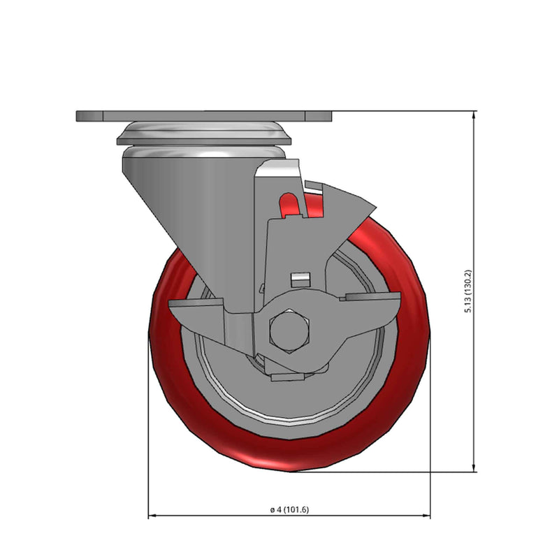 Front dimensioned CAD view of a Colson Casters 4" x 1.25" wide wheel Swivel caster with 2-1/2" x 3-5/8" top plate, with a side locking brake, HI-TECH Polyurethane wheel and 275 lb. capacity part