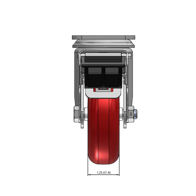 Top dimensioned CAD view of a Colson Casters 4" x 1.25" wide wheel Swivel caster with 2-1/2" x 3-5/8" top plate, with a top total locking brake, HI-TECH Polyurethane wheel and 275 lb. capacity part