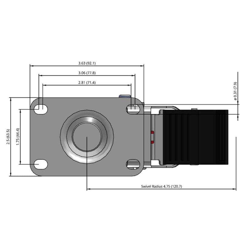 Side dimensioned CAD view of a Colson Casters 4" x 1.25" wide wheel Swivel caster with 2-1/2" x 3-5/8" top plate, with a top total locking brake, HI-TECH Polyurethane wheel and 275 lb. capacity part
