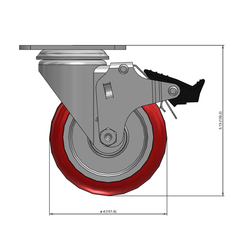 Front dimensioned CAD view of a Colson Casters 4" x 1.25" wide wheel Swivel caster with 2-1/2" x 3-5/8" top plate, with a top total locking brake, HI-TECH Polyurethane wheel and 275 lb. capacity part