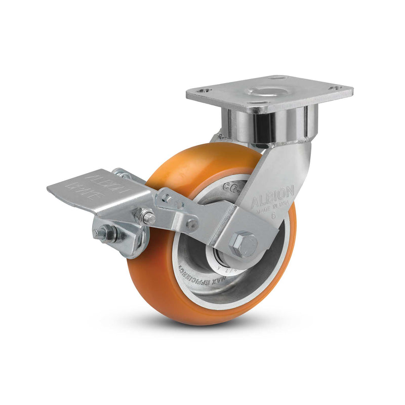 6"x2" USA Ergonomic Brake Caster with MAX-Efficiency Orange Wheel and 4"x4.5" Plate