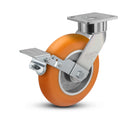 8"x2" USA Ergonomic Brake Caster (9.5" OAH) with MAX-Efficiency Orange Wheel and 4"x4.5" Plate