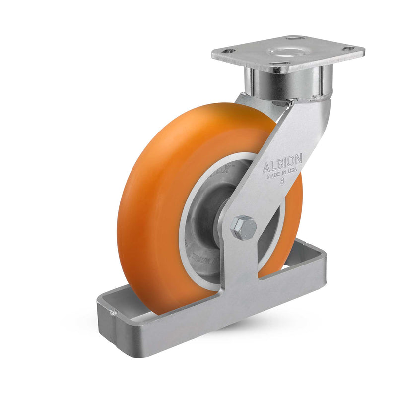 8"x2" USA Ergonomic Swivel Caster (9.5" OAH) with MAX-Efficiency Orange Wheel, Toe Guard, and 4"x4.5" Plate