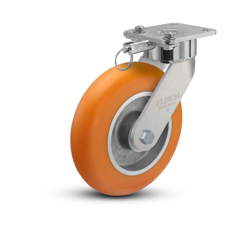 8"x2" USA Ergonomic Swivel Caster with MAX-Efficiency Orange Wheel, Swivel Lock, and 4"x4.5" Plate
