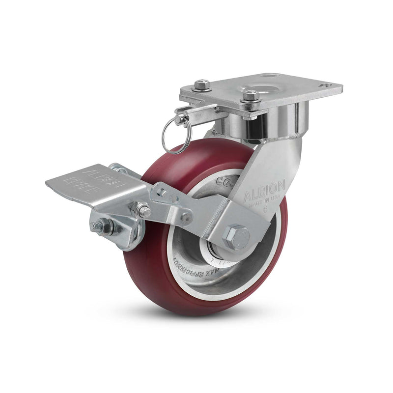 6"x2" USA Ergonomic Brake Caster with MAX-Efficiency Wheel, Swivel Lock, and 4"x4.5" Plate