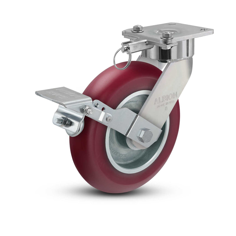 8"x2" USA Ergonomic Brake Caster with MAX-Efficiency Wheel, Swivel Lock, and 4"x4.5" Plate