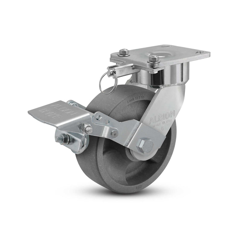 6"x2" USA Ergonomic Brake Caster with Nylon Wheel, Swivel Lock, and 4"x4.5" Plate