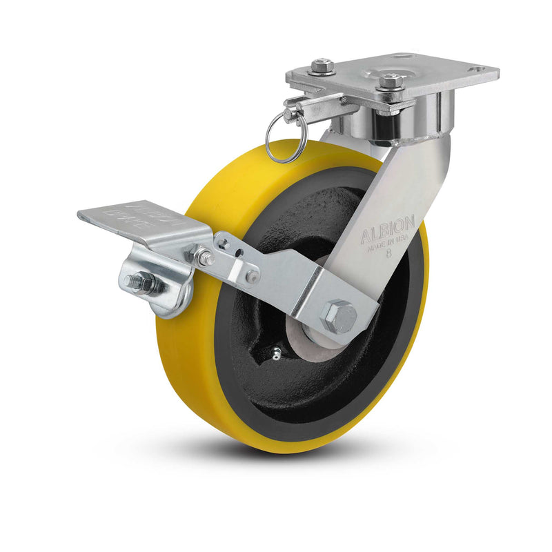 8"x2" USA Ergonomic Brake Caster with HD Poly-on-Iron Wheel, Swivel Lock, and 4"x4.5" Plate