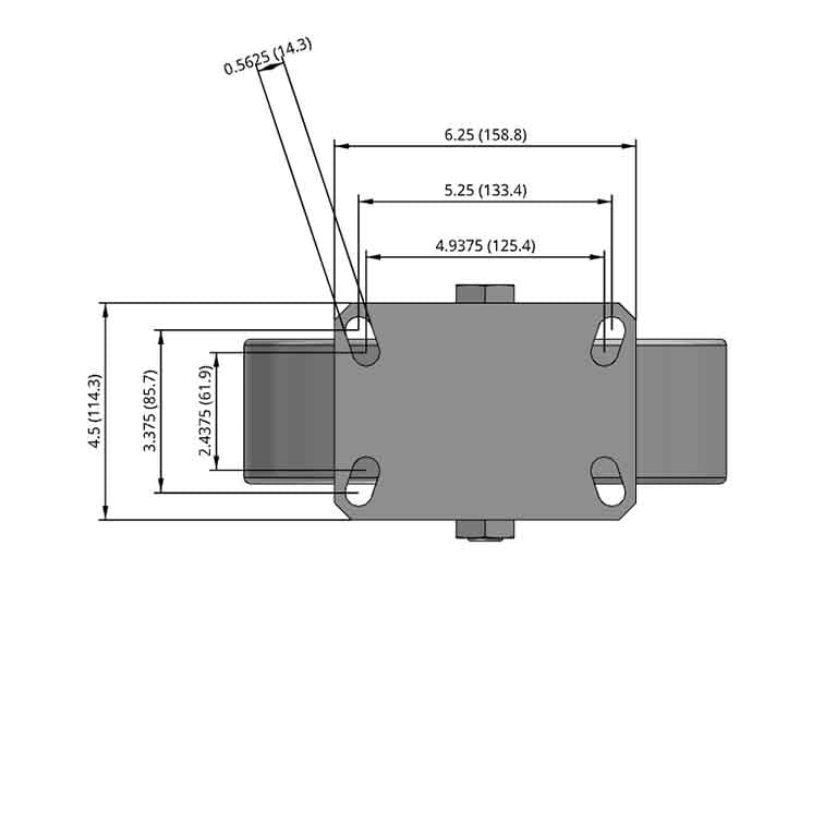Side dimensioned CAD view of an Albion Casters 10" x 3" wide wheel Swivel caster with 6-1/4'' x 4-1/2'' top plate, without a brake, CA - Cast Iron wheel and 2800 lb. capacity part