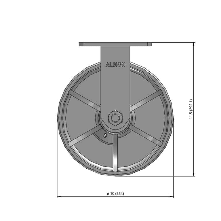 Front dimensioned CAD view of an Albion Casters 10" x 3" wide wheel Swivel caster with 6-1/4'' x 4-1/2'' top plate, without a brake, CA - Cast Iron wheel and 2800 lb. capacity part