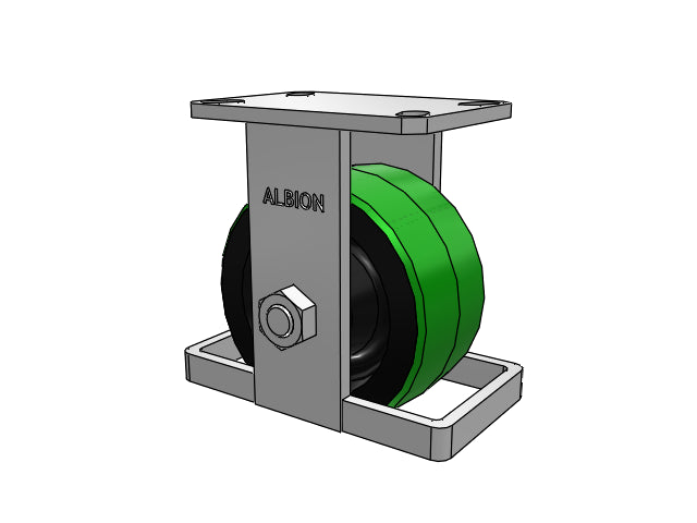 Kingpinless 6"x3" Green Poly-on-Iron Rigid Caster with Toe Guard and 6.25"x4.5" Plate