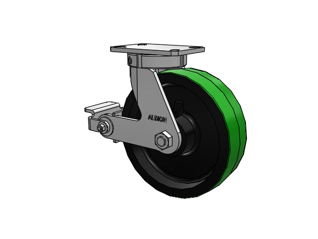 Kingpinless 10"x3" Green Poly-on-Iron Caster with Poly-Cam Brake and 6.25"x4.5" Plate