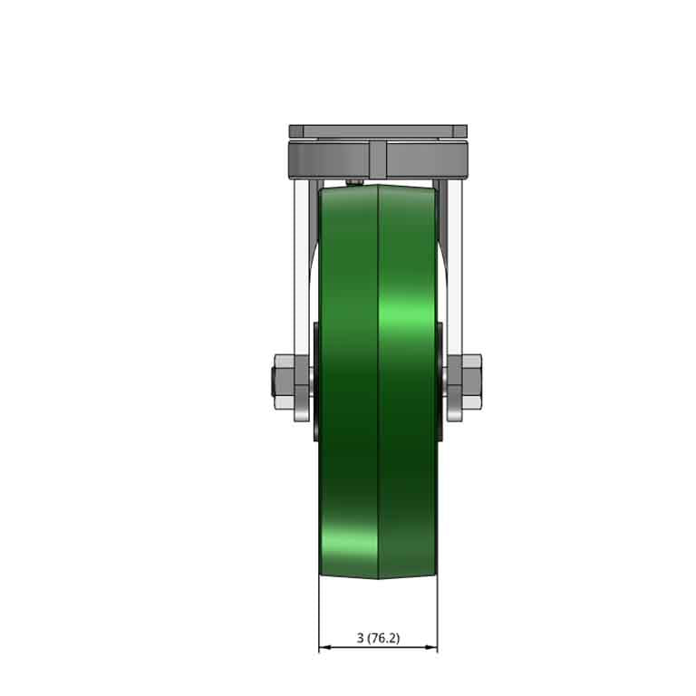 Top dimensioned CAD view of an Albion Casters 10" x 3" wide wheel Swivel caster with 6-1/4'' x 4-1/2'' top plate, without a brake, PY - Polyurethane (Cast Iron Core) wheel and 3000 lb. capacity part