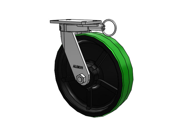 Kingpinless 12"x3" Green Poly-on-Iron Caster with 6.25"x4.5" Plate & Swivel Lock