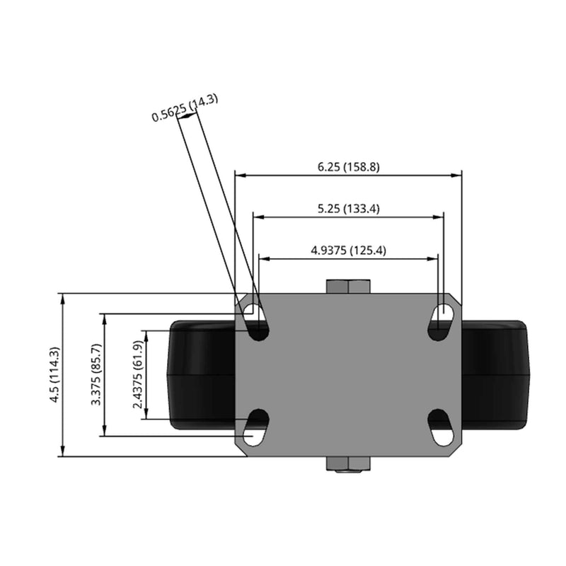 Side dimensioned CAD view of an Albion Casters 10" x 3" wide wheel Rigid caster with 6-1/4'' x 4-1/2'' top plate, without a brake, TM - Phenolic wheel and 2900 lb. capacity part