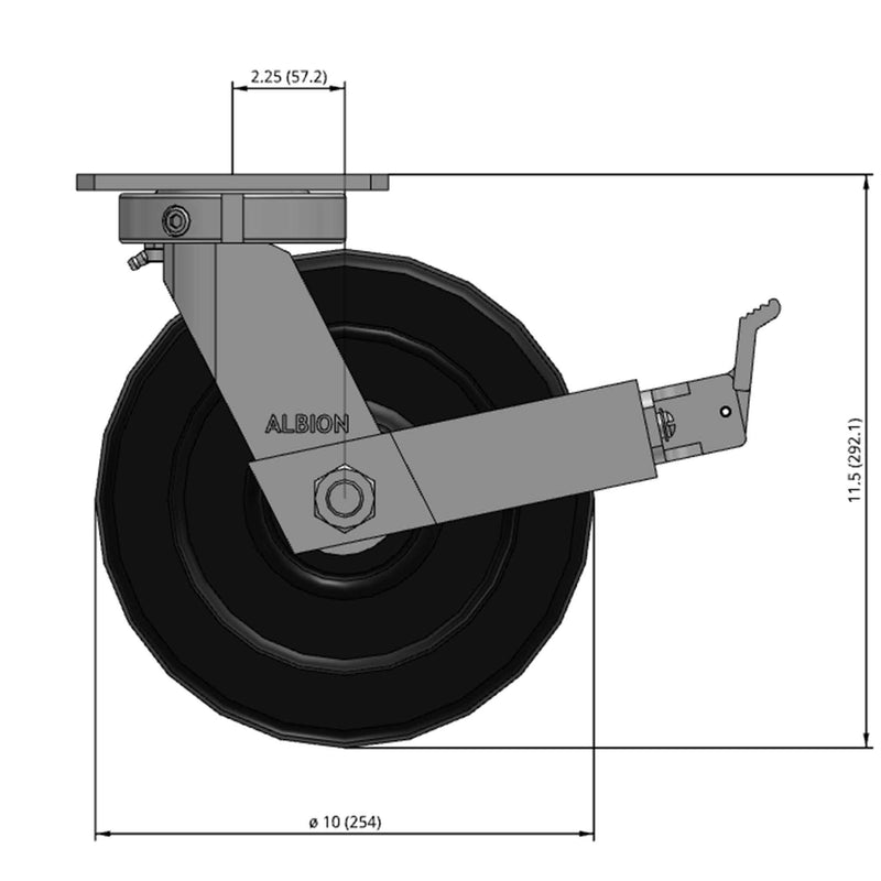 Front dimensioned CAD view of an Albion Casters 10" x 3" wide wheel Swivel caster with 6-1/4'' x 4-1/2'' top plate, with a top wheel lock brake, TM - Phenolic wheel and 2900 lb. capacity part