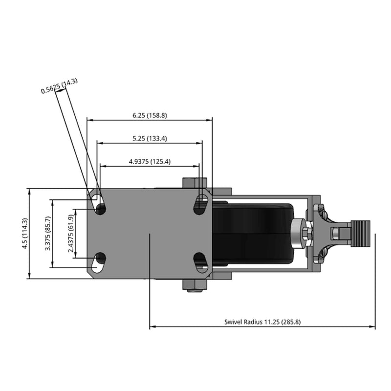 Side dimensioned CAD view of an Albion Casters 10" x 3" wide wheel Swivel caster with 6-1/4'' x 4-1/2'' top plate, with a top wheel lock brake, TM - Phenolic wheel and 2900 lb. capacity part