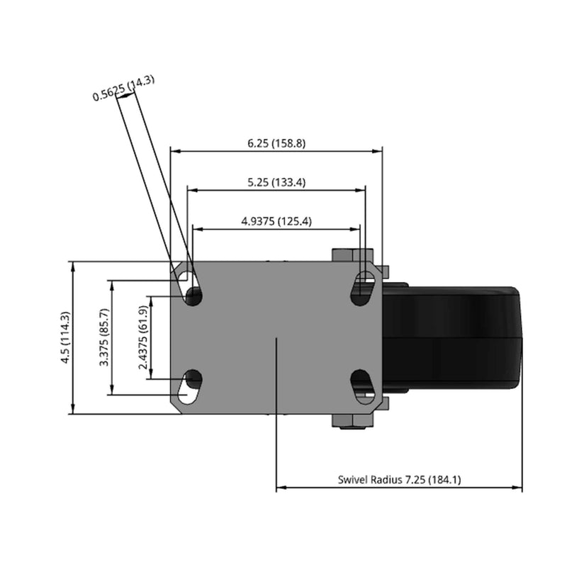 Side dimensioned CAD view of an Albion Casters 10" x 3" wide wheel Swivel caster with 6-1/4'' x 4-1/2'' top plate, without a brake, TM - Phenolic wheel and 2900 lb. capacity part