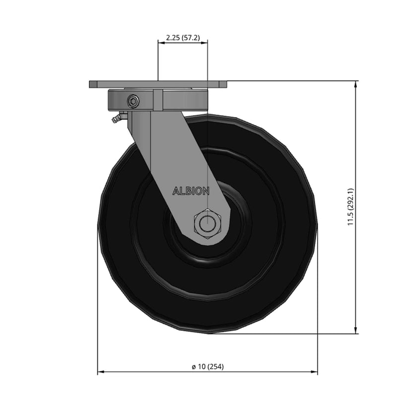 Front dimensioned CAD view of an Albion Casters 10" x 3" wide wheel Swivel caster with 6-1/4'' x 4-1/2'' top plate, without a brake, TM - Phenolic wheel and 2900 lb. capacity part