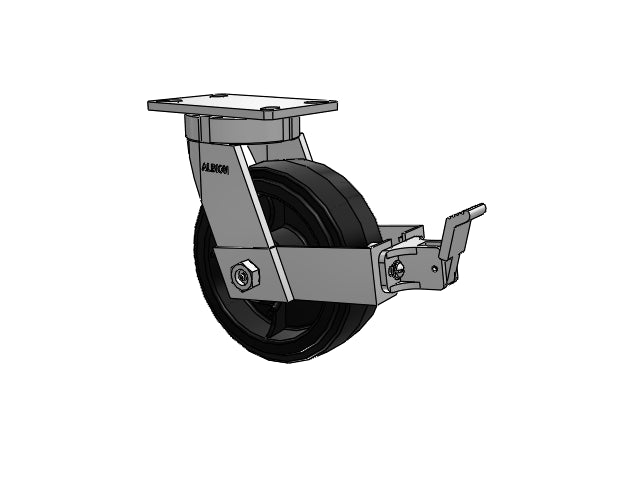 Value Kingpinless 8"x3" Rubber-on-Iron Wheel Caster with Face Brake and 6.25"x4.5"