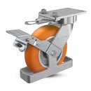 8"x2" USA Ergonomic Brake Caster (9.5" OAH) with MAX-Efficiency Orange Wheel, Toe Guard, Swivel Lock, and 6.25"x4.5" Plate