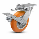8"x2" USA Ergonomic Brake Caster (9.5" OAH) with MAX-Efficiency Orange Wheel, Swivel Lock, and 6.25"x4.5" Plate