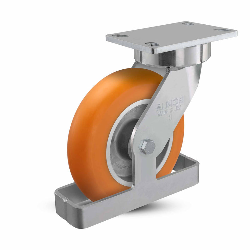 8"x2" USA Ergonomic Swivel Caster (9.5" OAH) with MAX-Efficiency Orange Wheel, Toe Guard, and 6.25"x4.5" Plate