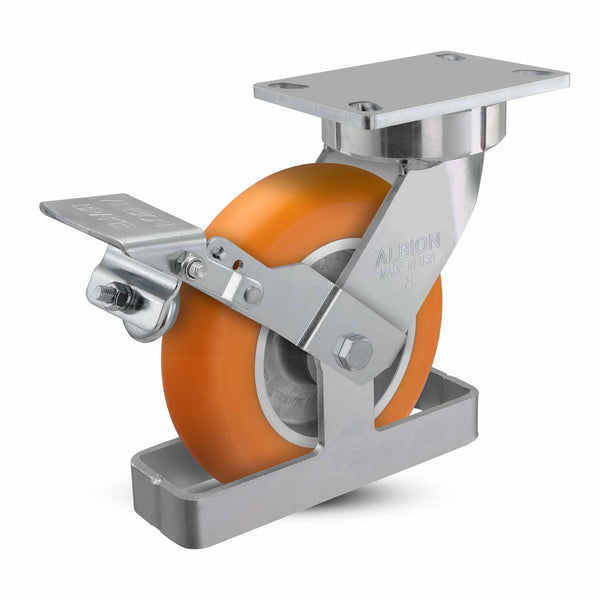 8"x2" USA Ergonomic Brake Caster with MAX-Efficiency Orange Wheel, Toe Guard, and 6.25"x4.5" Plate