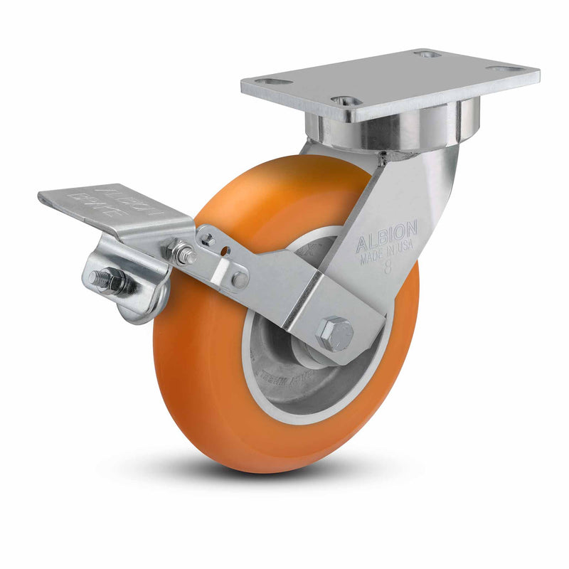 8"x2" USA Ergonomic Brake Caster with MAX-Efficiency Orange Wheel and 6.25"x4.5" Plate