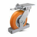 8"x2" USA Ergonomic Swivel Caster with MAX-Efficiency Orange Wheel, Toe Guard, Swivel Lock, and 6.25"x4.5" Plate