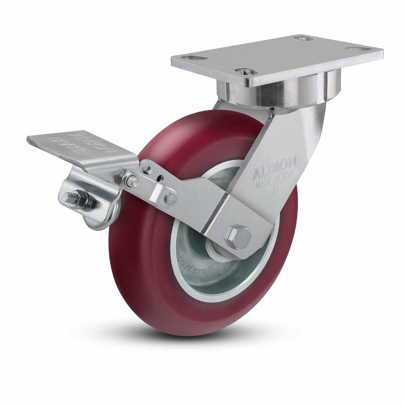 8"x2" USA Ergonomic Brake Caster with MAX-Efficiency Wheel and 6.25"x4.5" Plate