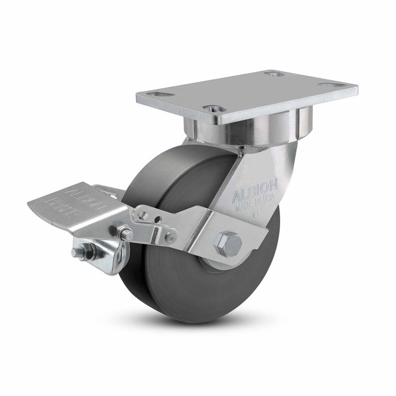 6"x2" USA Ergonomic Brake Caster with HD Nylon Wheel and 6.25"x4.5" Plate